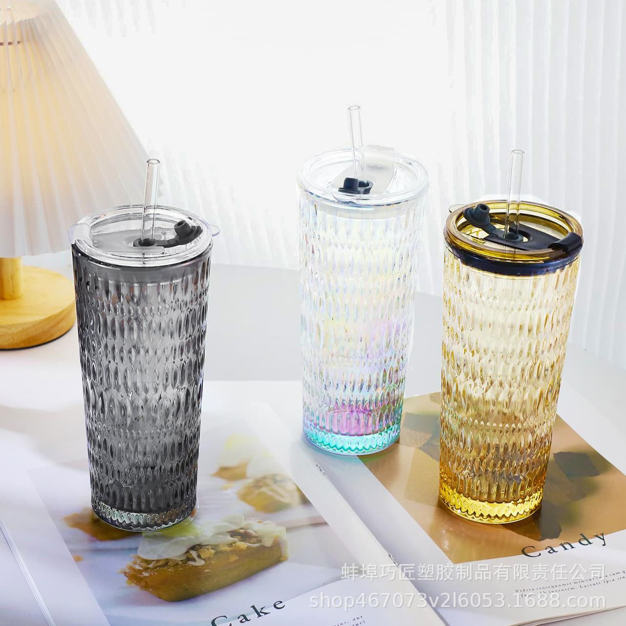 Large Capacity Ice Crystal Straw Cup with Lid, High Appearance Coffee Iced Americano Latte Glass Cup, Office Water Cup