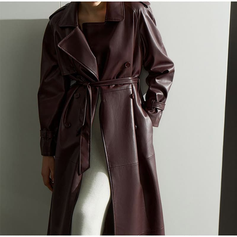Real shot-British style high-end sheepskin waist leather jacket women's long winter new style genuine leather lace-up coat