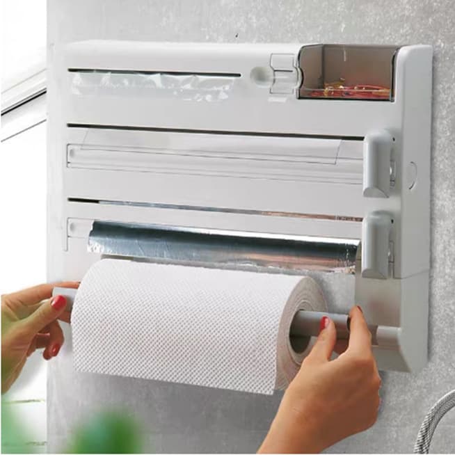 Wall-Mounted Kitchen Storage Rack with Wrap Cutter and Paper Towel Holder