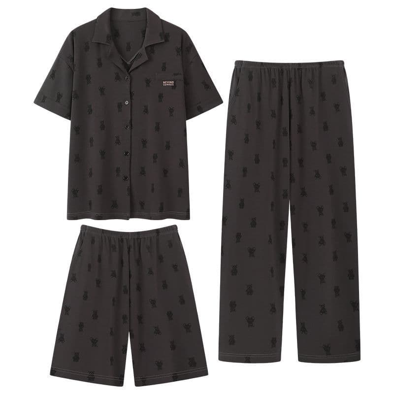 100% Cotton Men's Summer Short-Sleeve Pants Home Wear Casual Summer Shorts Three-Piece Set