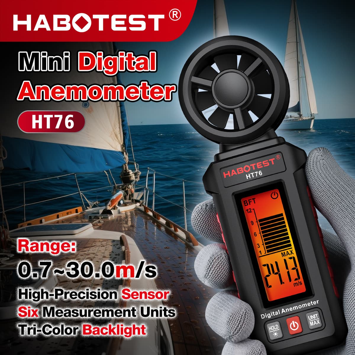Huabo HT76 Mini Anemometer Handheld Portable Wind Speed Meter with Digital Display