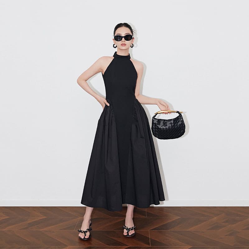 European and American style sweet and spicy design winter black long sleeveless dress, elegant and slimming for banquet evening wear