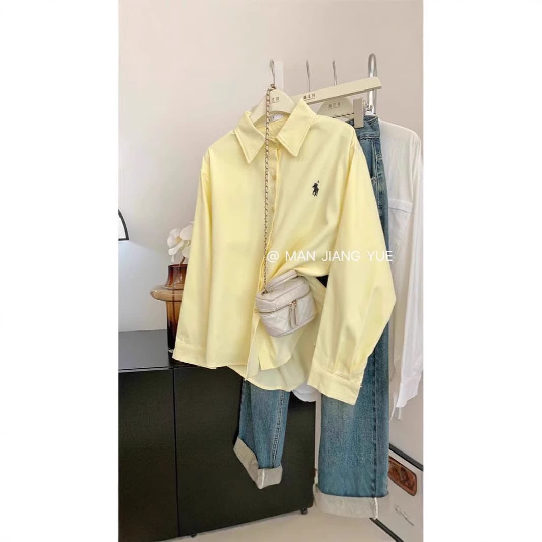 Blue Embroidered French Style Long Sleeve Loose Casual Shirt Women's Button up Top Comfortable Breathable Fashion Design