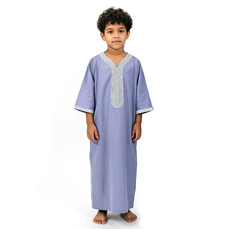2026 New Style Boys' Clothing Cross-Border Embroidered Thobe with Medium Sleeves