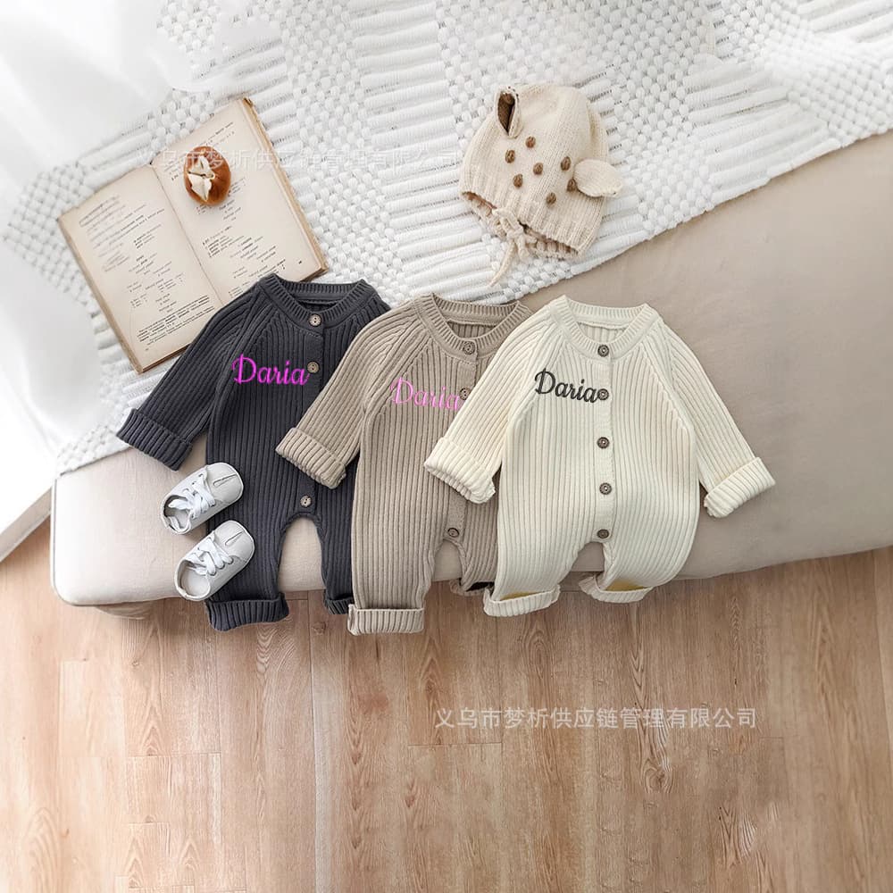 Etsy Personalized Embroidered Baby Bodysuit Fall Winter Solid Knit Romper Newborn