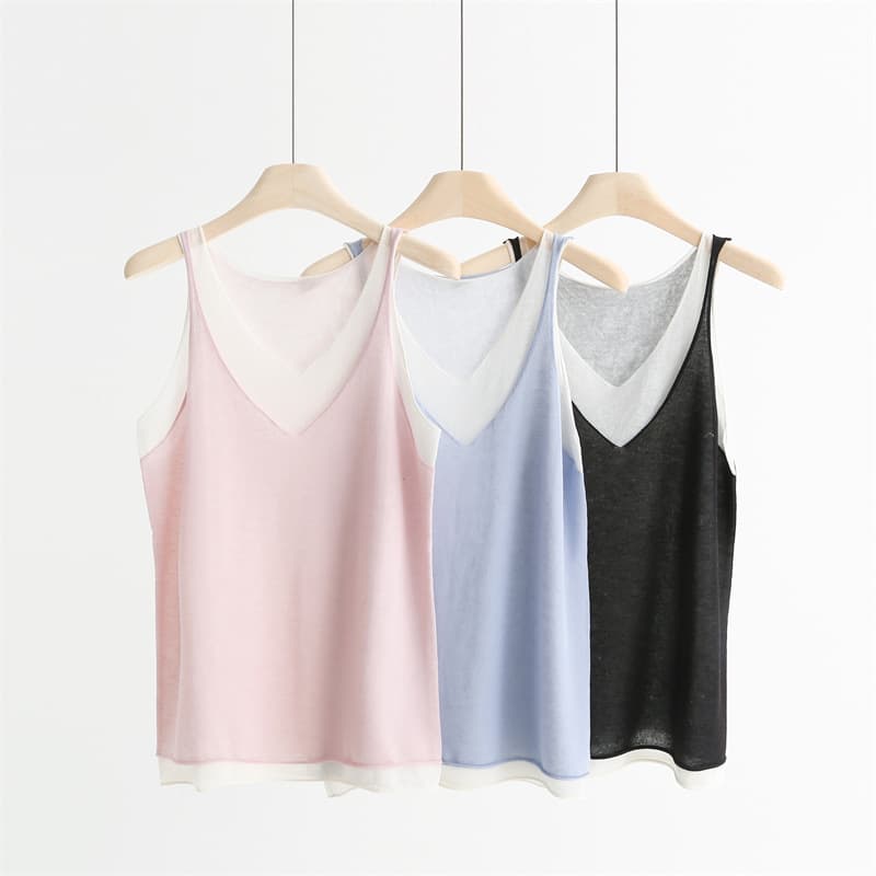 Fashion Layered Loose Double V-Neck Vest Women Spring Summer Silk Linen Contrast Color Sleeveless Knit Top 365506