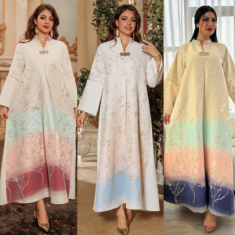 AB377 Middle East Arabia Dubai Jalabiya Fashion Women's Dress Jacquard Fabric Gradient Color Robe