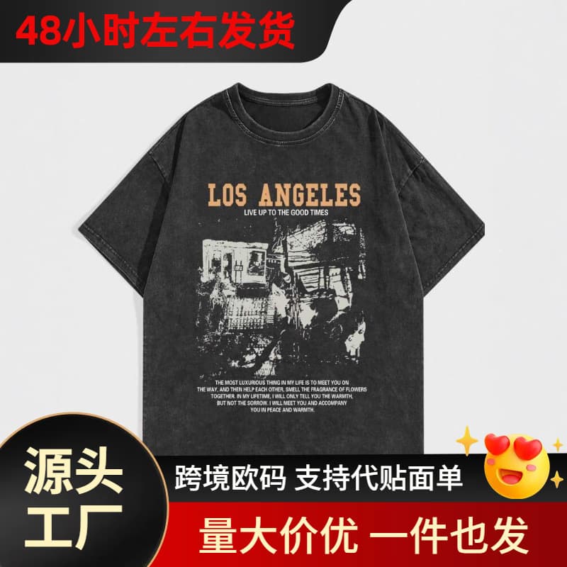 American Retro Sport Cotton Washed T-Shirt Hip Hop Gothic Short Sleeve Top Half Sleeve Plus Size
