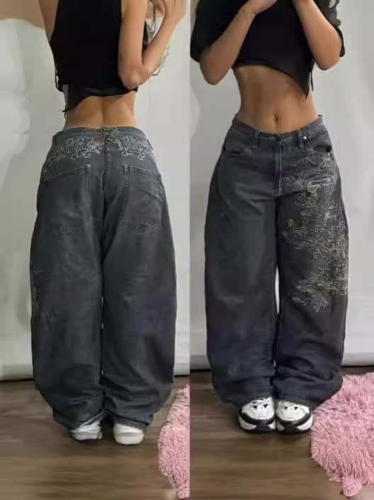 Cross-border factory direct sales new loose denim embroidered hip hop casual jeans high street men's high waist hip hop