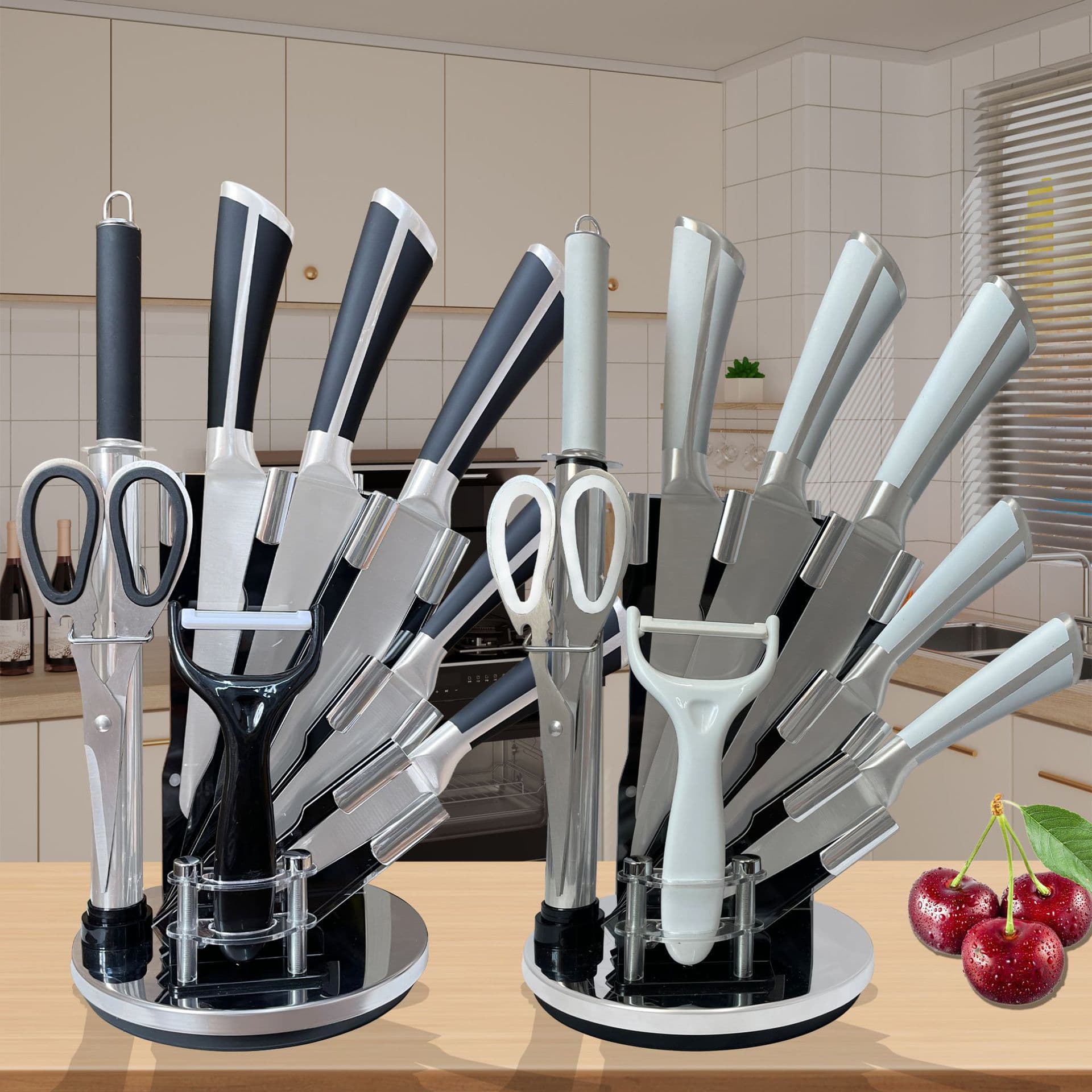 Modern Stainless Steel Kitchen Knife Set 8-Piece Set Acrylic Plastic Rotating Base Hollow Handle Factory Direct Sale