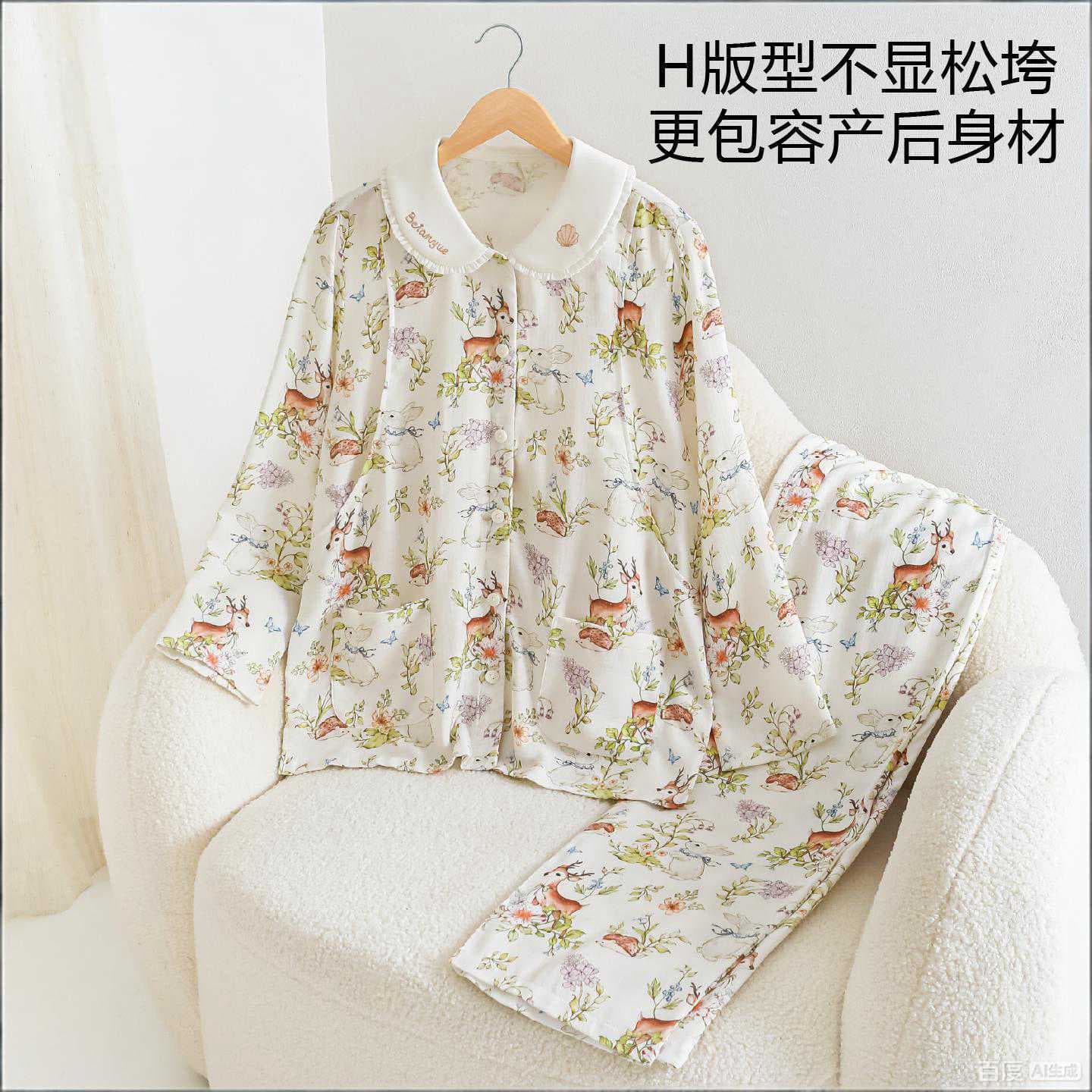 Bamboo Cotton Nursing Homewear Maternity Pajamas for Breastfeeding, Spring and Summer Thin Style, Wearable Outside for Feeding