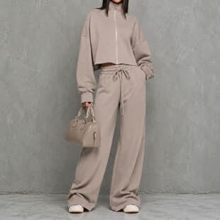 2026 Autumn Cross-Border European and American Women's New Stand-Collar Zipper Hoodie Jacket, High-Waist Wide-Leg Casual Pants Set