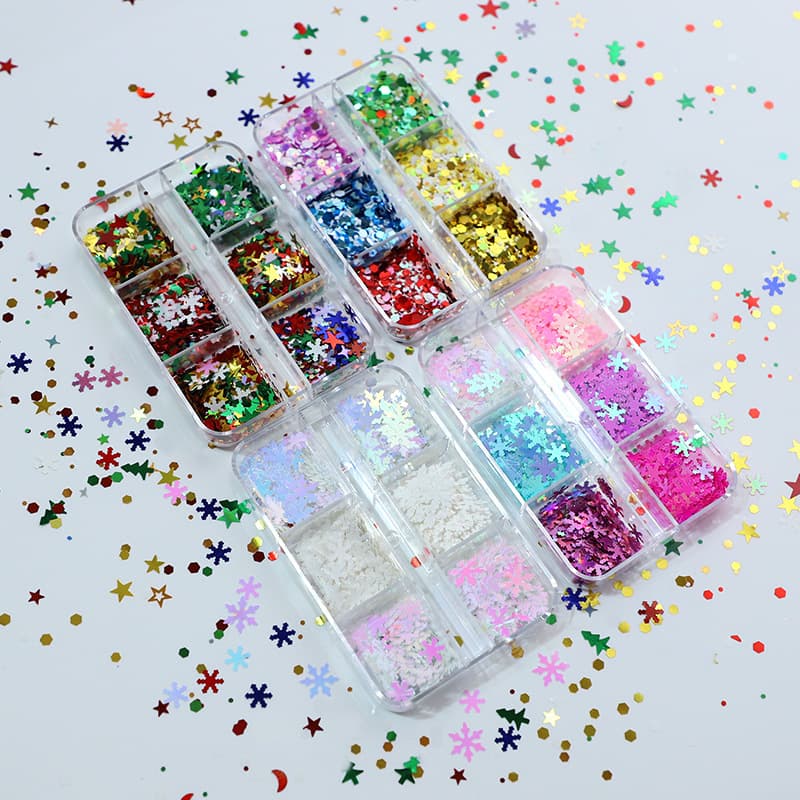 New cross-border 6-compartment boxed ultra-thin Christmas snowflake nail art glitter white snowflake Christmas sequins