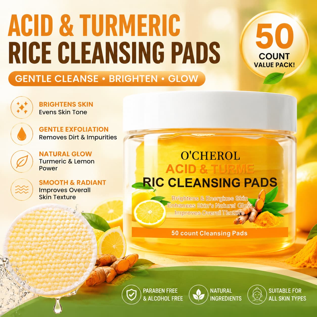 Cross-border Supply Turmeric Cleansing Pads 50 Pcs Cotton Makeup Remover Pads Gentle Exfoliating Brightening Soothing Facial Cleansing Pads