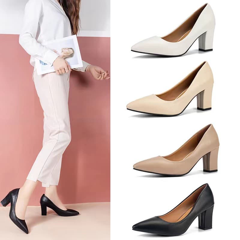 Women's Fashion Shoes, Chunky Heel, 2024 Spring New Style, Pointed Toe Work Shoes, Slip-on, Korean Style, High Heel, Simple