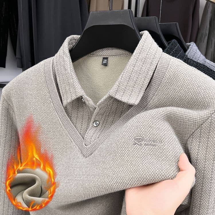 Men's Mink Velvet Sweater Fleece-Lined Thickened Two-Piece Autumn/Winter New Style Long Sleeve Shirt Collar Striped Base Shirt Wholesale