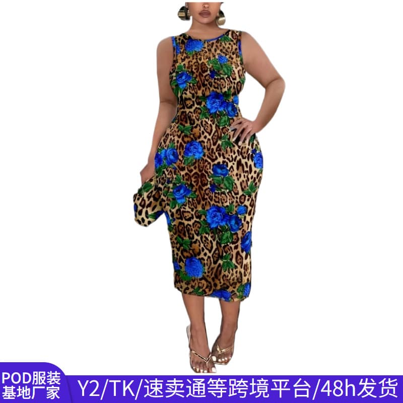 Cross-border Y2K European and American Style Sleeveless Midi Plus Size Dress for Women, Leopard Rose Print Plus Size Women's Clothing, Drop Shipping