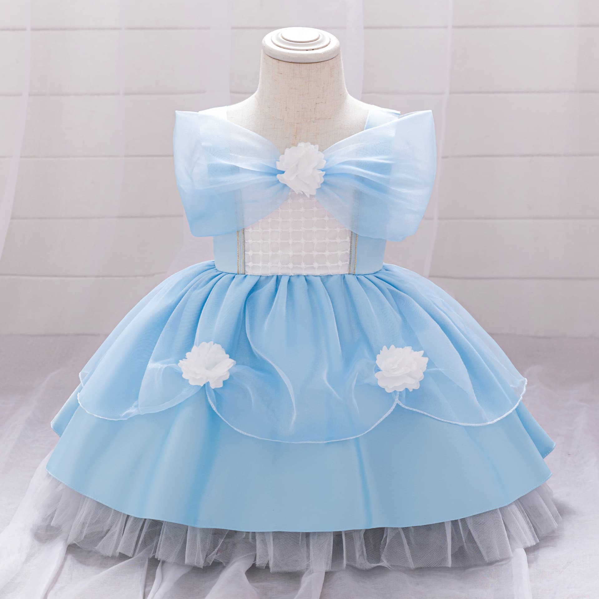 Little Girl Blue Princess Dress 1-Year-Old Toddler Wedding Tutu Dress Birthday Party Flower Girl Gown Banquet Gown