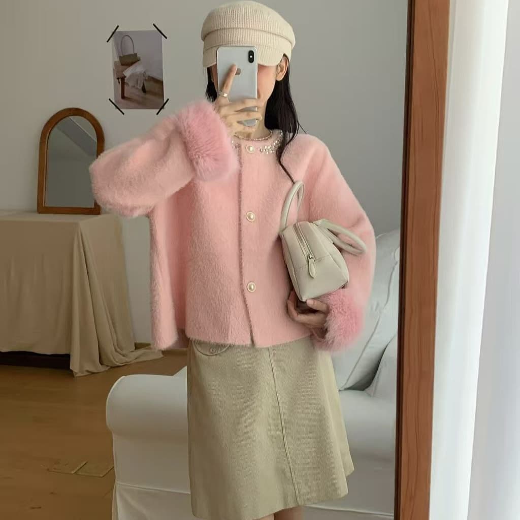 Autumn/Winter New Style Chic Imitation Mink Plush Knit Sweater Women's Cardigan Korean Fashion Round Neck Beaded Single Button Top