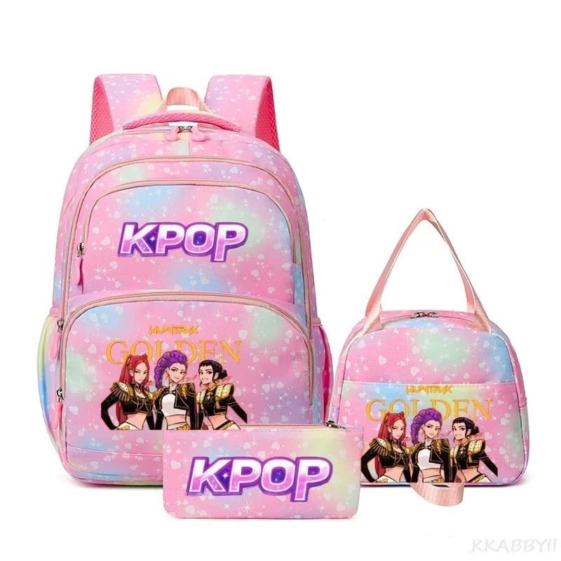 New 3-Piece KPop Devil Hunter Girl Colorful Backpack Lunch Bag Pencil Case Set Cross-Border Gift Box