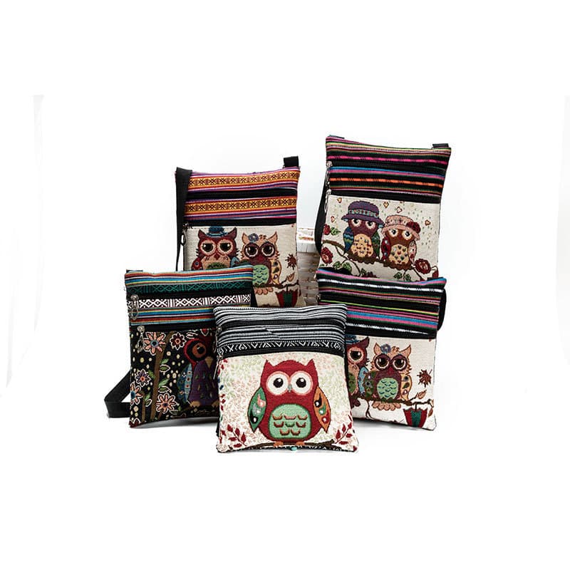 Ethnic Style Double Zipper Owl Jacquard Single Shoulder Cross-Body Bag for Women, Ultra-Light Cross-Border Postman Bag for Women, Ready for Sale