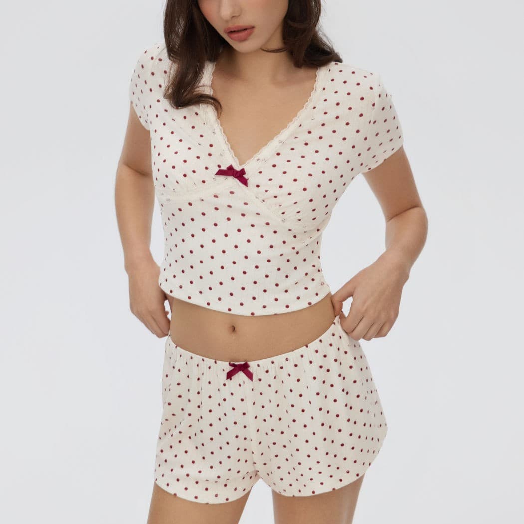New European and American summer short viscose blended polka dot V-neck pleated top and shorts set