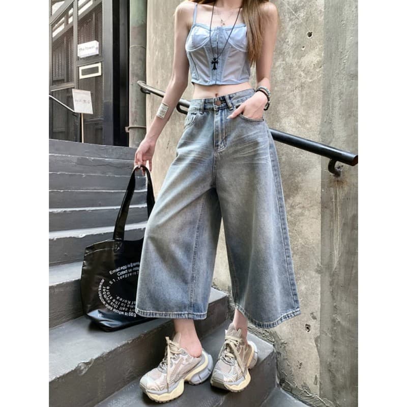 Trendy and chic flesh-covering design wide-leg jeans for women summer high-waisted loose straight-leg jeans for tall people