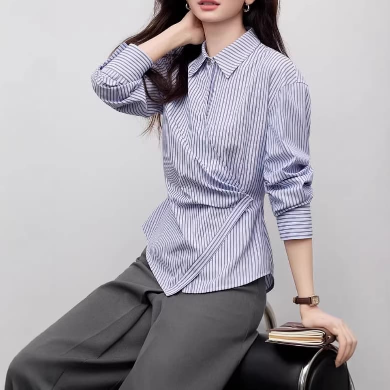 Women's Long-Sleeve Shirt 2026 Spring New Style Notched Collar Blouse with Design Sense and Waist-Cinching Top C86C195