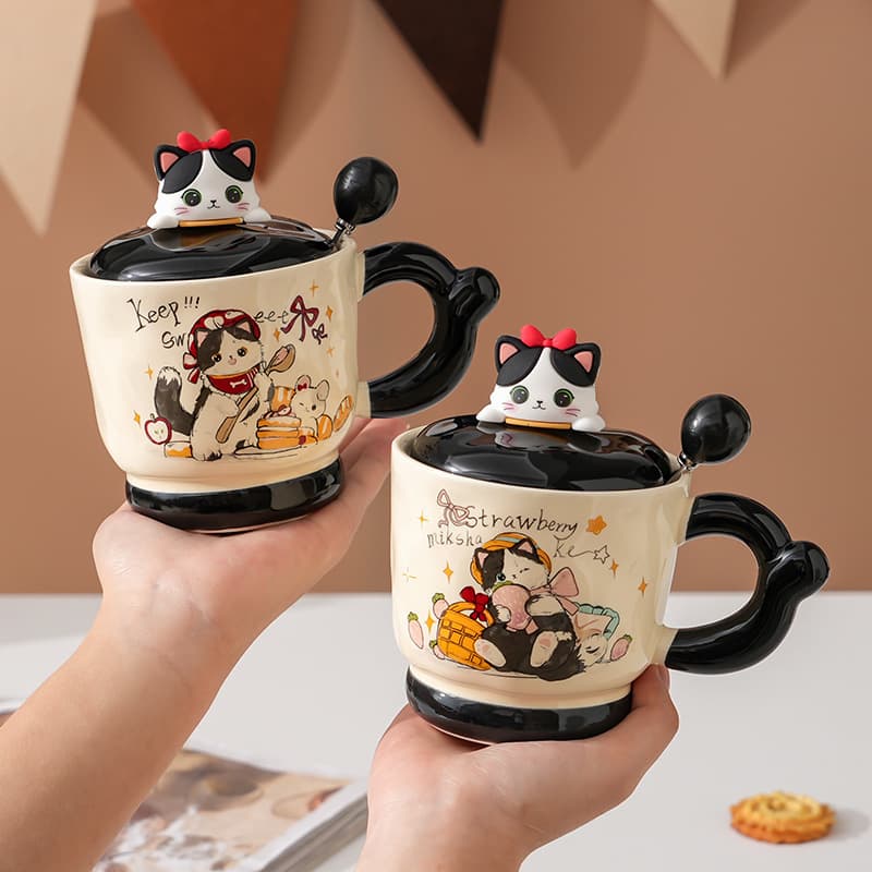 Ceramic Mug Cat High Appearance Mug with Lid and Spoon Gift Box Cup Cute Girl Water Cup Couple Souvenir