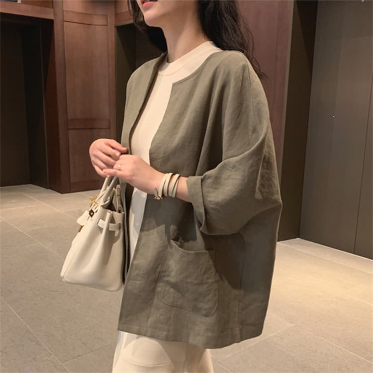 Spring and autumn new Korean style loose ice silk cotton and linen material retro large size color matching simple cotton and linen T-shirt women's top