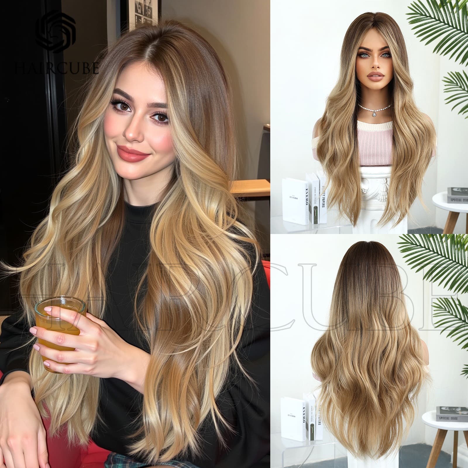 Gold Gradient Dyed Wig Cap Machine-Made Synthetic Hair Top Dyed Wavy Layers Women's Elegant Wig Cap New Style
