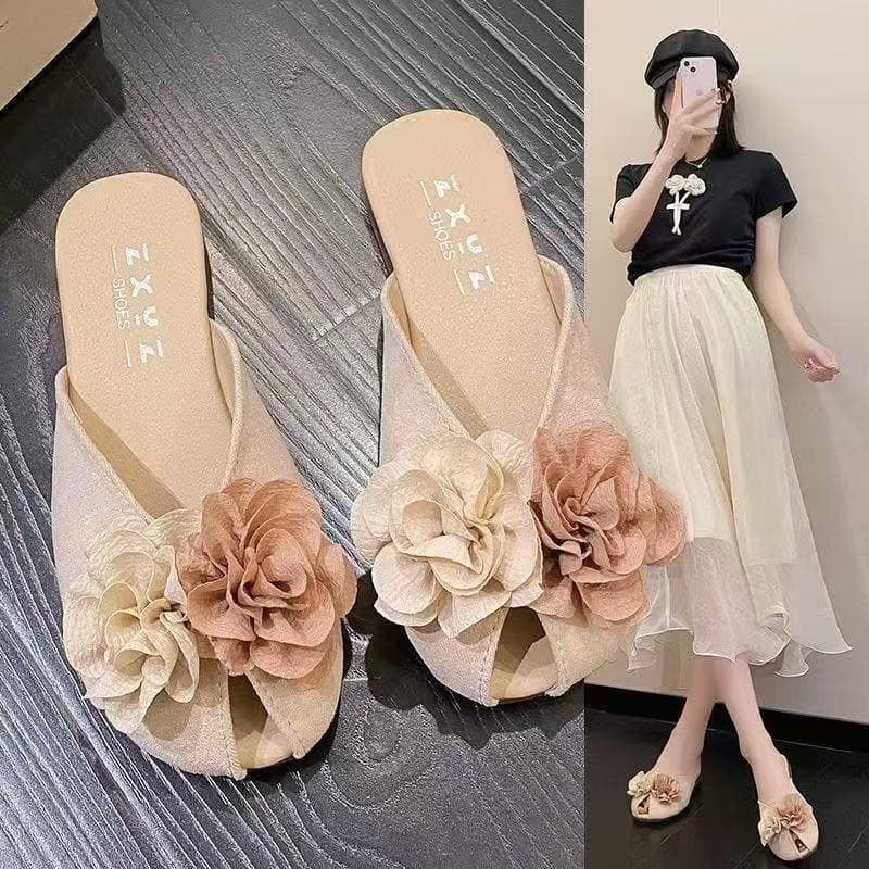 Fairy Style Flower French Toe Half Slippers Women's Shoes 2025 New Spring Summer Lazy Hollow Breathable Sandals Slippers for Women