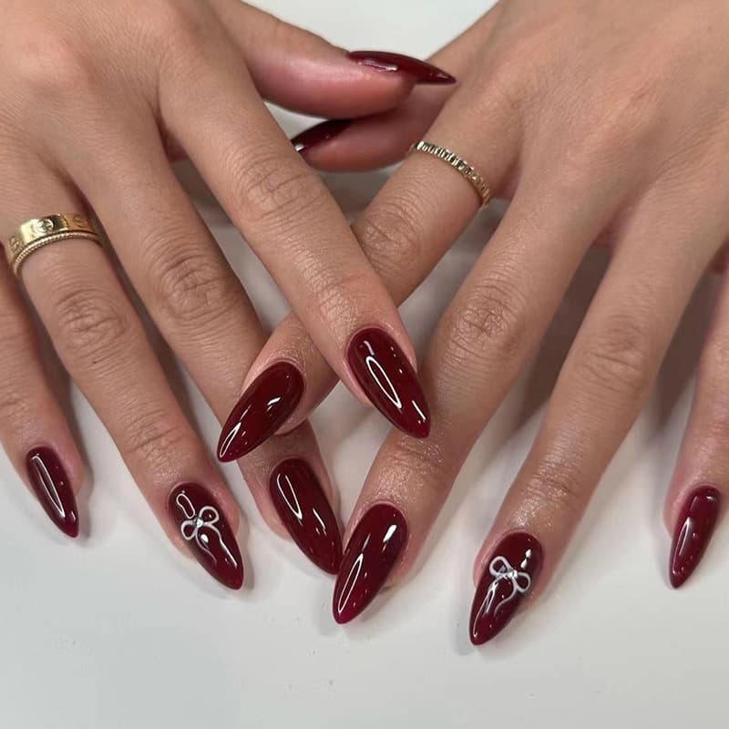 Wine Red Solid Color Press-On Nails Valentine's Day Bow Rhinestone Wearable Nails Almond Nails Removable Nail Tips Wholesale