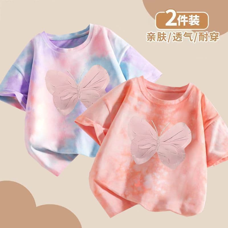 Children's Summer Short-Sleeve Tie-Dye T-Shirt Korean Style Girl Top 2024 Baby Girl Summer Fashionable Clothes 12
