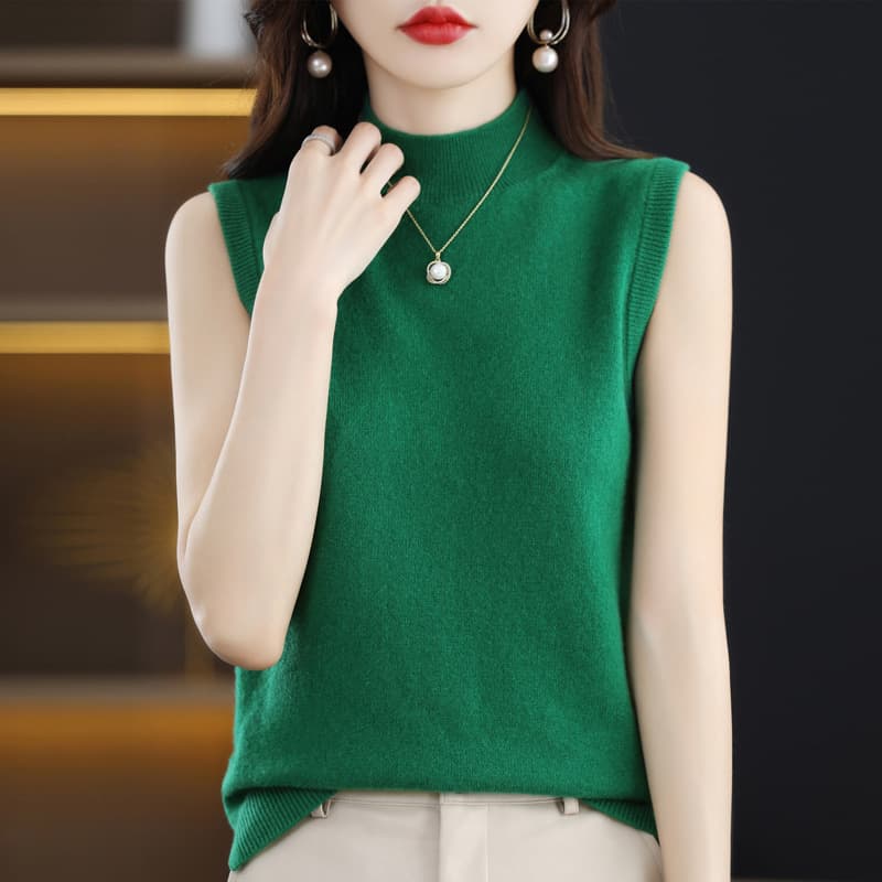 Spring/Fall Sleeveless Slim-Fit Half-Turtleneck Versatile Vest, Figure-Flattering Knit Top for Layering or Solo Wear