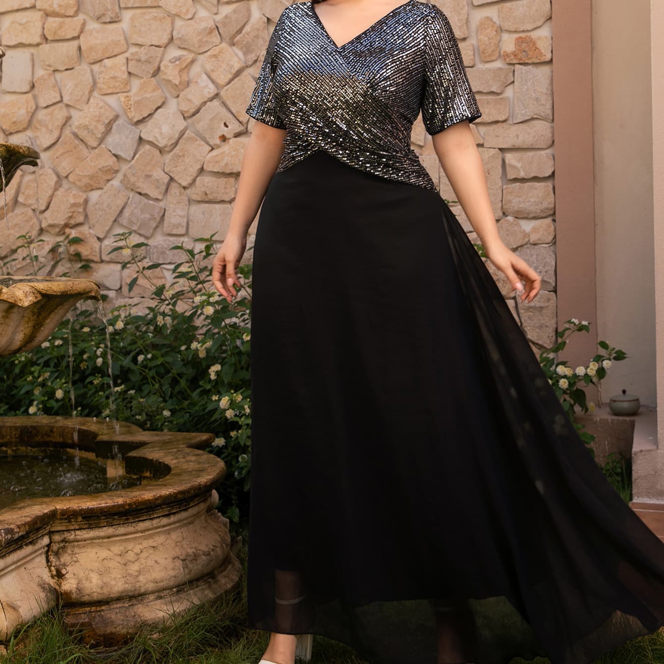 Plus Size Double V-Neck Sequin Splice Chiffon Dress Independent Station New Wedding Maids Formal Evening Gown Chinese Brand