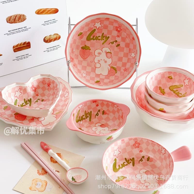 Strawberry Rabbit Ceramic Tableware and Dishes Set Pink High-Looking Plate Home Internet Celebrity Rice Bowl Plate Soup Bowl Girl