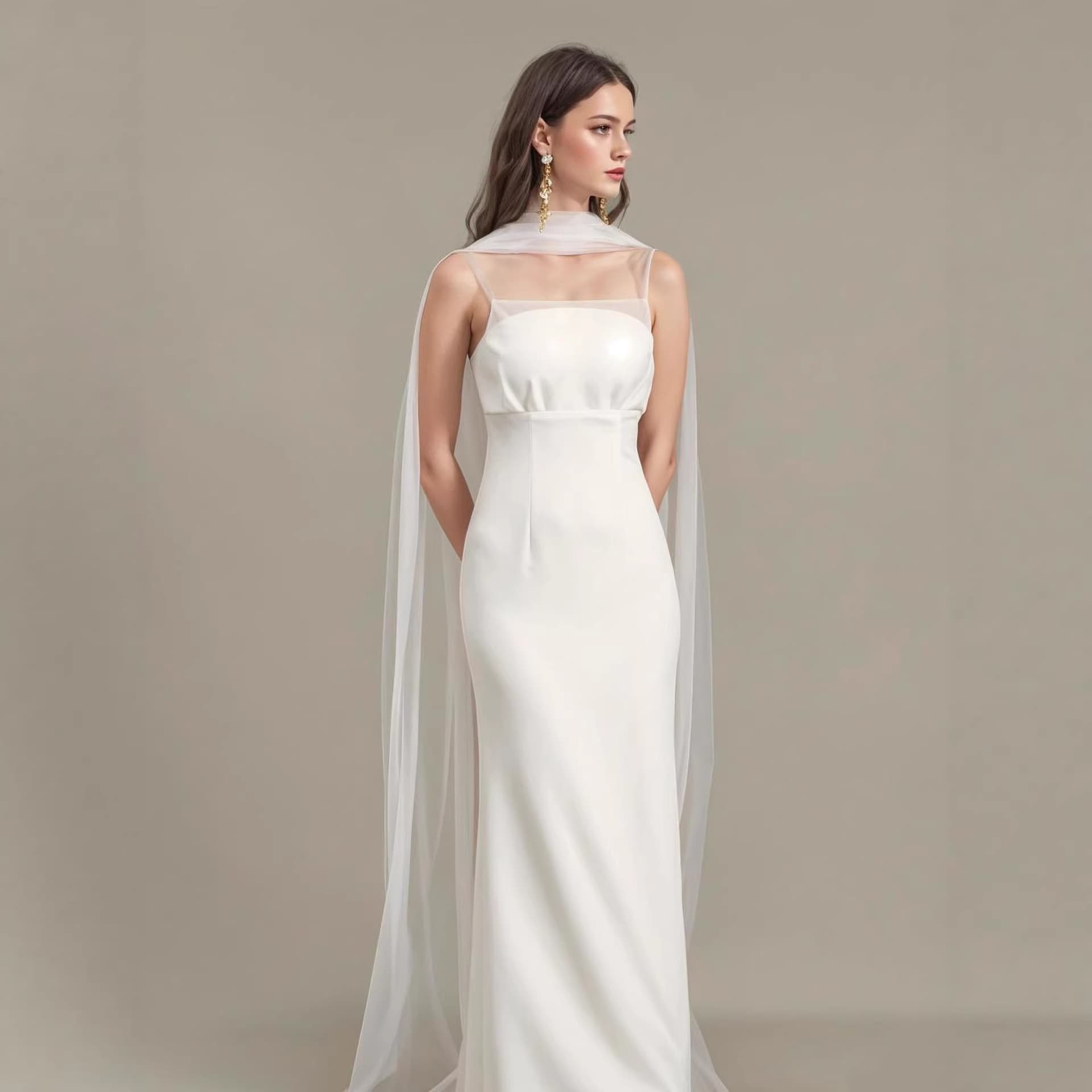 Cross-border White Light Wedding Dress Mesh Vest Dress Slim Fishtail Engagement Evening Gown French Style Elegant Dress Wholesale