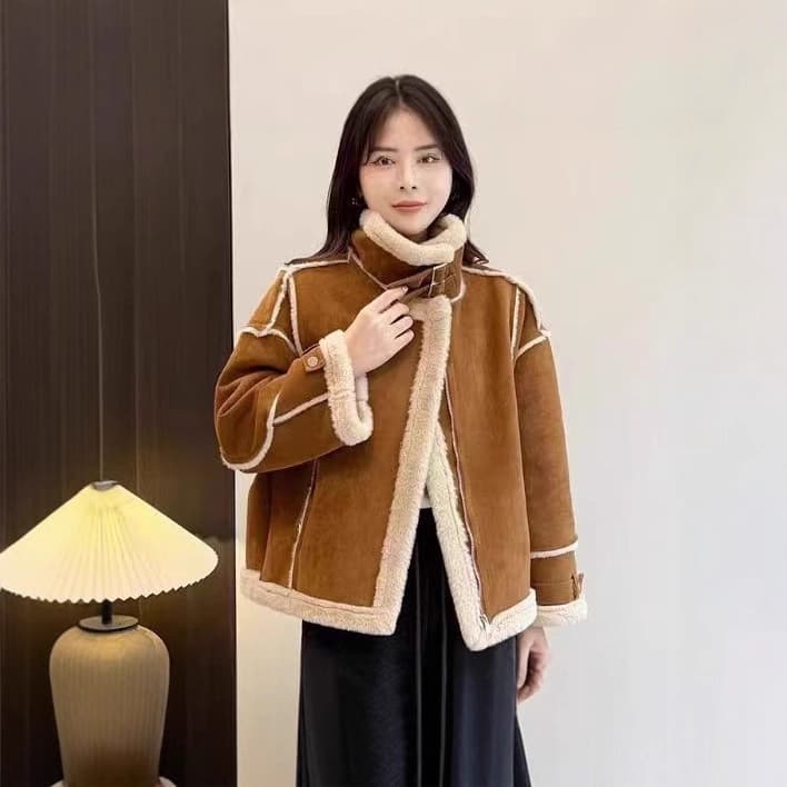 2025 Autumn/Winter New Trendy Stand Collar Faux Fur Lined Suede Warm Jacket for Women