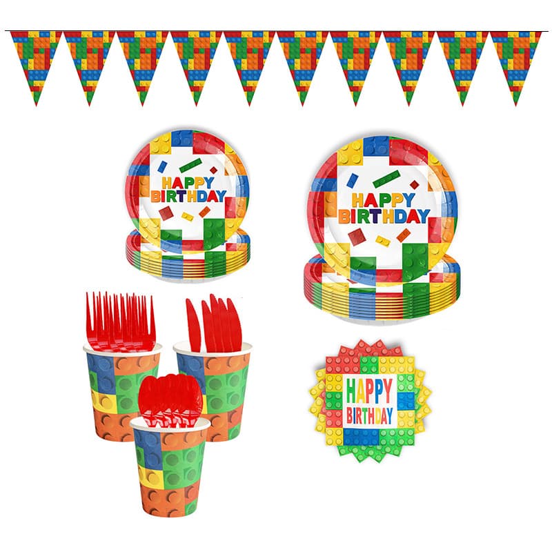 Building Block Birthday Party Set Children's Game Blocks Disposable Tableware Pennant Tricolor