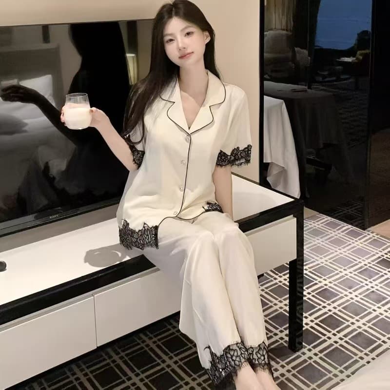 French Light Luxury Lace Long Sleeve Pajamas for Women Spring Autumn 6 New Ice Silk Satin Long Pants Wear-Out Set Loungewear