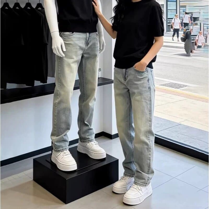 Retro Blue Washed Trendy Slim-Fit Jeans Men's American Streetwear Premium Stylish Pants Slimming Straight-Leg Slight Flare
