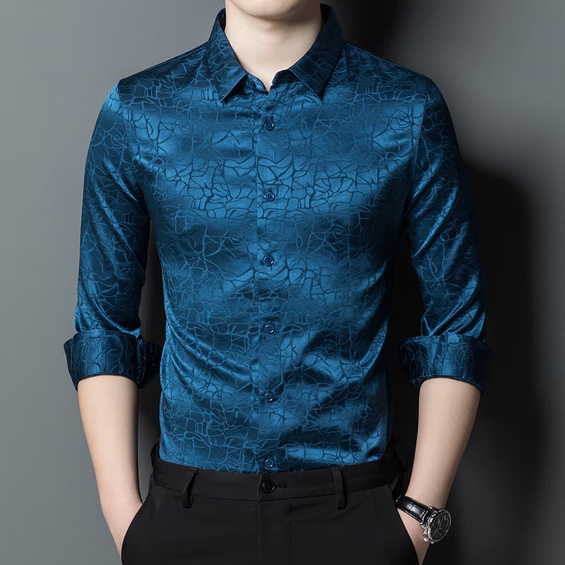 Wholesale Mulberry Silk Long Sleeve Thin Shirt Men's Top Spring Summer Trendy Men's Clothing High-End Shadow Pattern Shirt