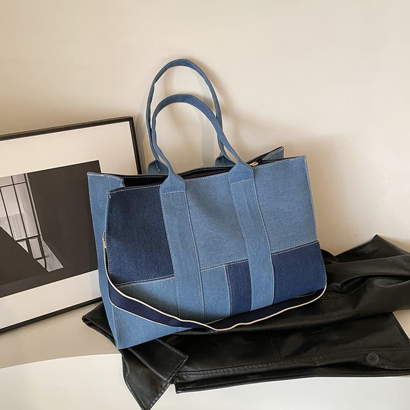 2024 New Denim Tote Bag Designer Style Large Capacity Shoulder Bag Commuter Canvas Patchwork Handbag