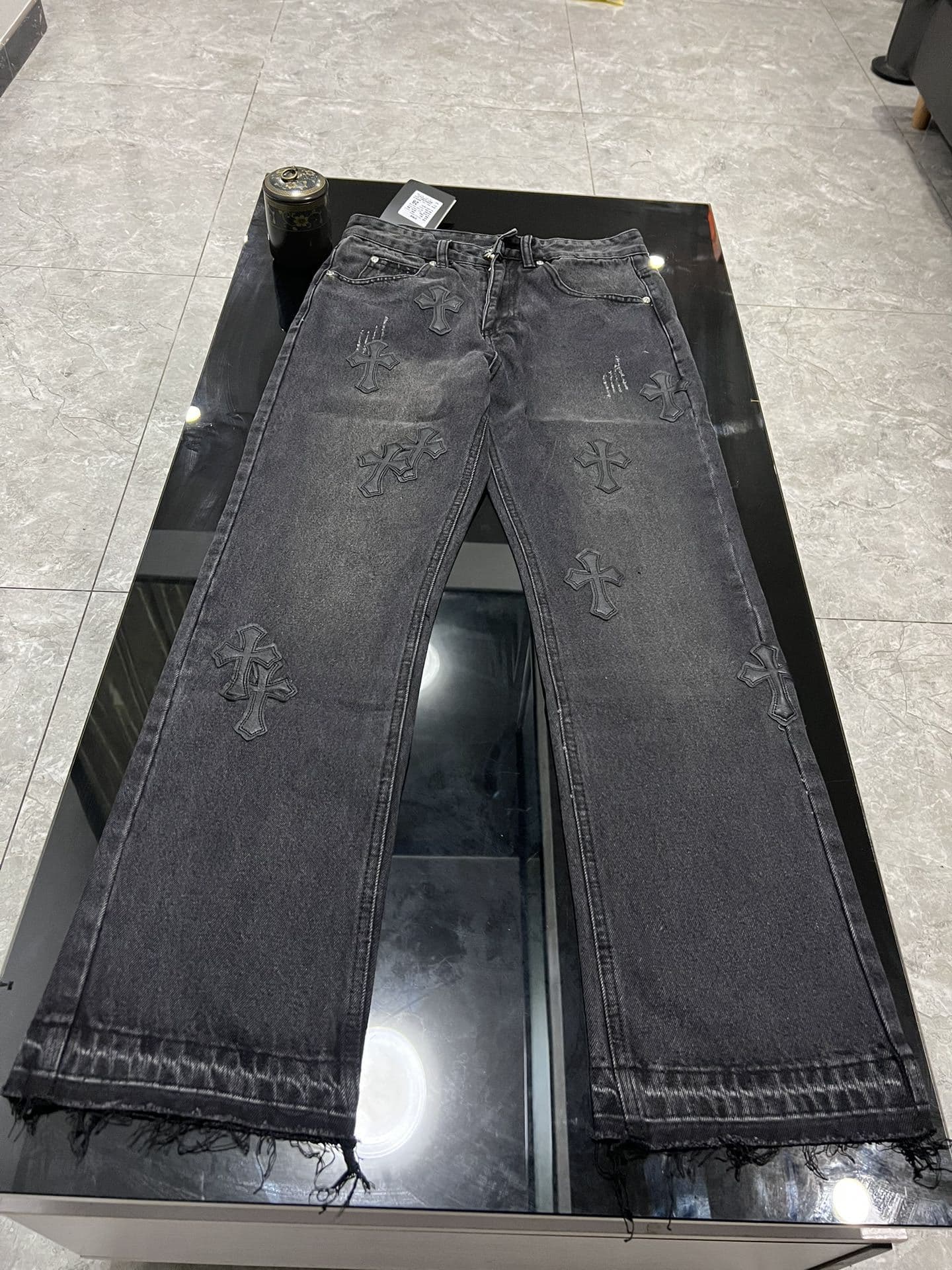 Chrome Heart Cross-Patterned Leather Jeans - High-Quality Exclusive High-Street Fashion Trousers