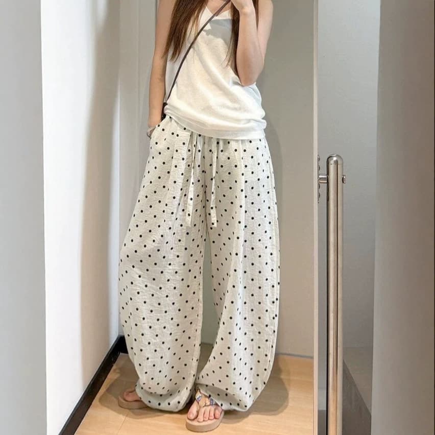 Spring/Summer New Polka Dot Print Elastic Waist Lightweight Casual Pants, Women's Relaxed Wide-Leg Curved Pants, Slimming