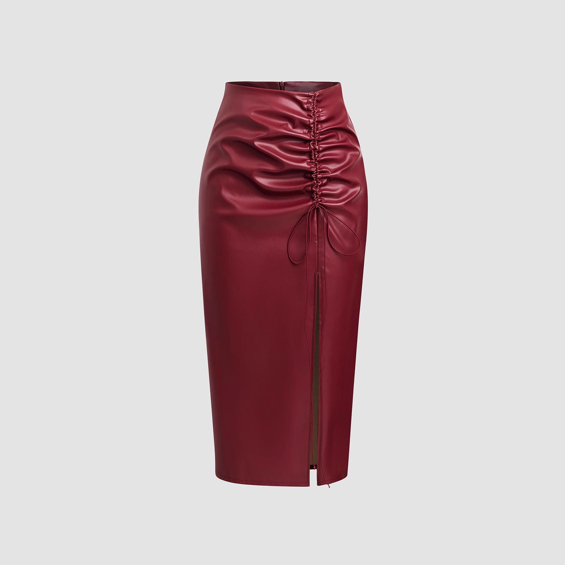 Solid Color Pleated Drawstring PU Leather High-Waist Split Skirt for European and American Overseas Independent Station