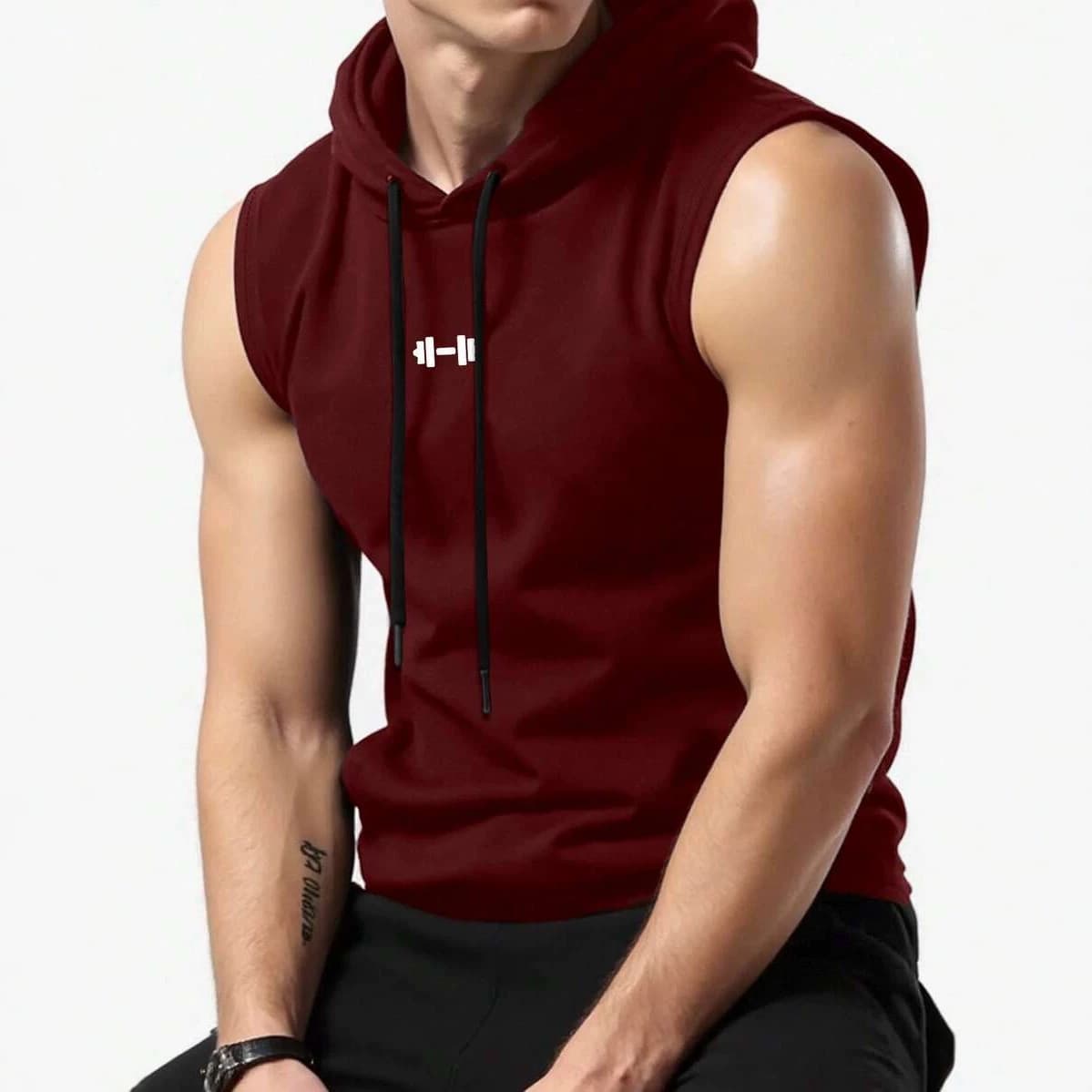 Cross-border Men's Summer Hooded Sleeveless T-shirt with Dumbbell Print Fitness Sports Vest Casual Top