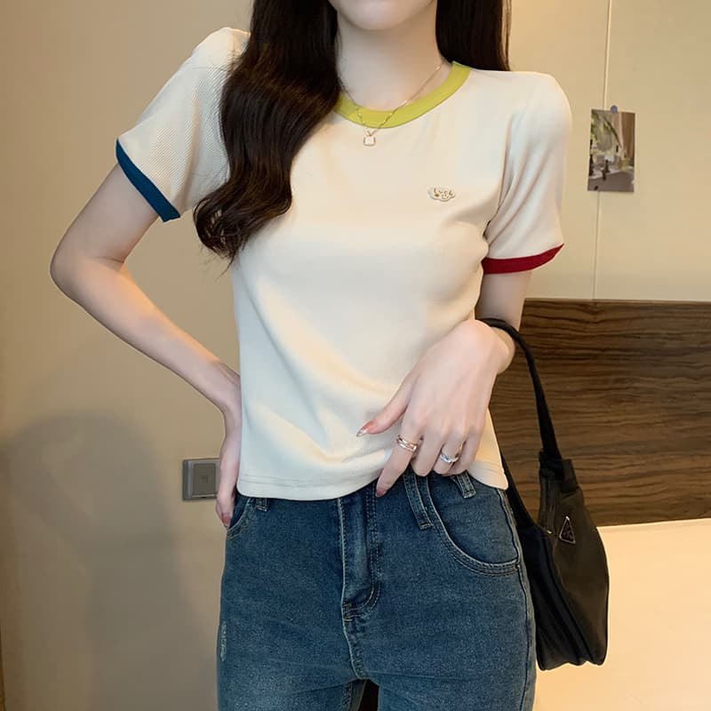 Real Shot 2x2 Ribbed Short Sleeve T-Shirt Women Summer 2026 Embroidery Flower Solid Contrast Color Short Round Neck Top Plus Size Women's Clothing