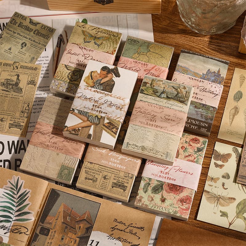 Simple, creative, retro-themed non-adhesive scrapbooking base papers for background layering and DIY collage decorations.